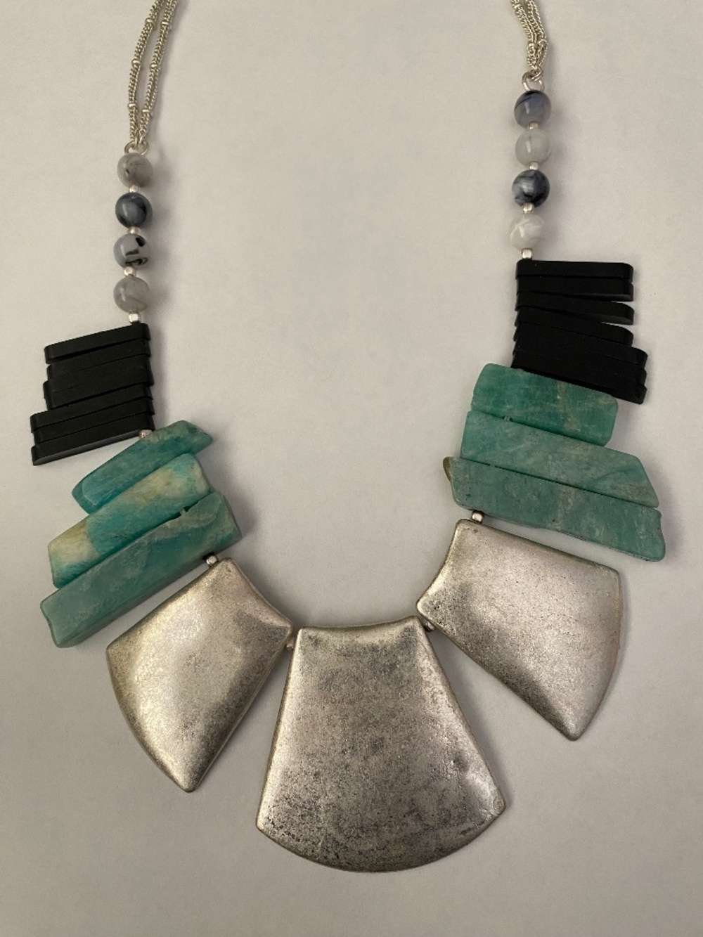 Beautiful genuine amazonite & obsidian &  and metal necklace. Price is firm